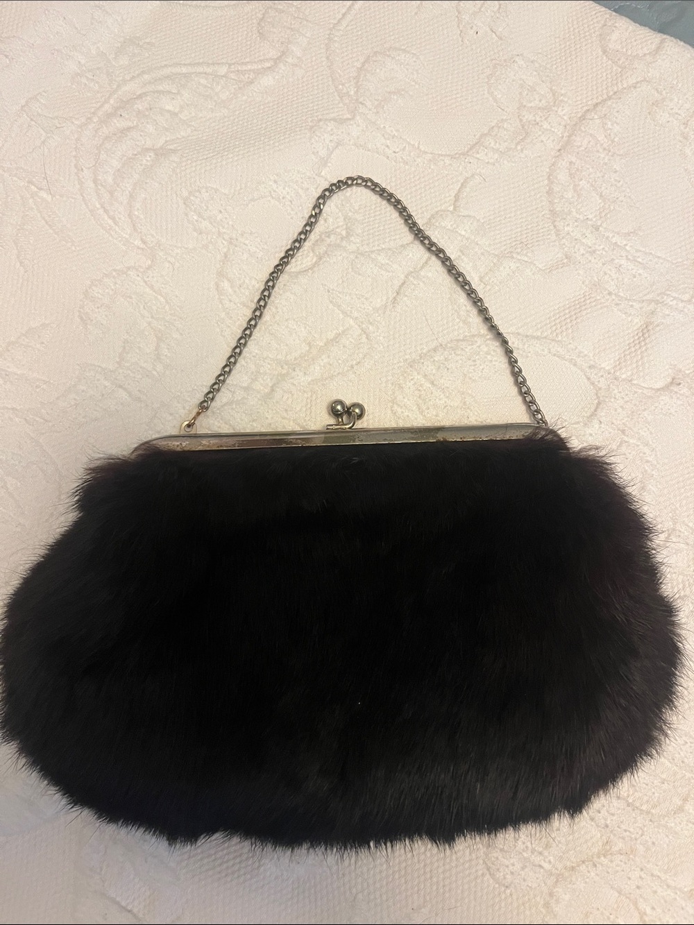 Ingber Vintage Black Mink Frame-Top Evening Bag